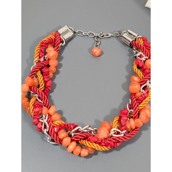 Orange Red Statement Necklace Bold Chunky Faux Coral Twist Beach Coastal Boho - Picture 2 of 11